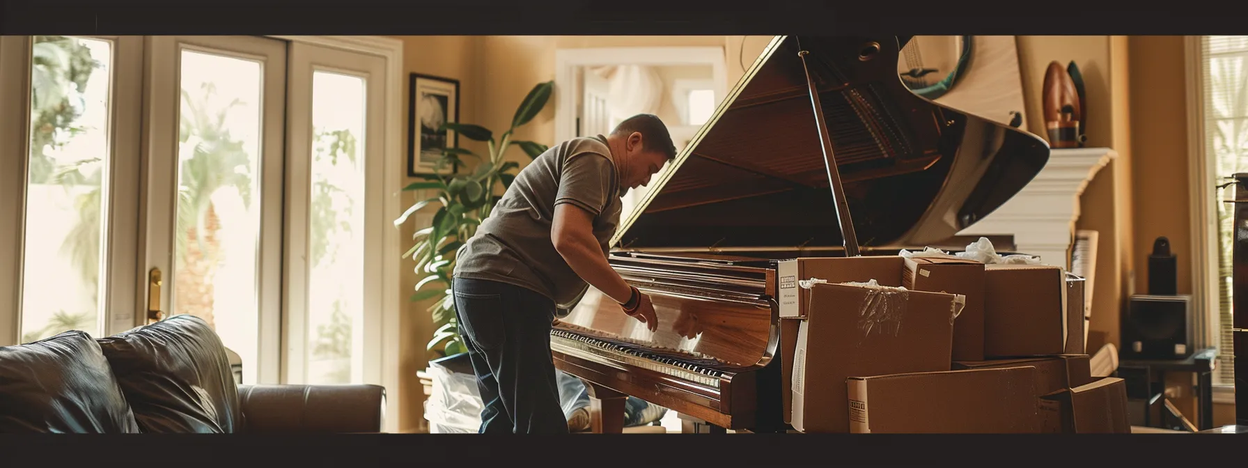 A Professional Mover Carefully Wrapping A Grand Piano In Los Angeles, Ensuring A Safe And Efficient Cross-Country Relocation.