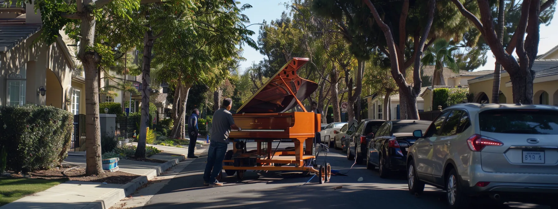 A Professional Moving Company Transporting A Grand Piano Down A Tree-Lined Street In Irvine, Ca.