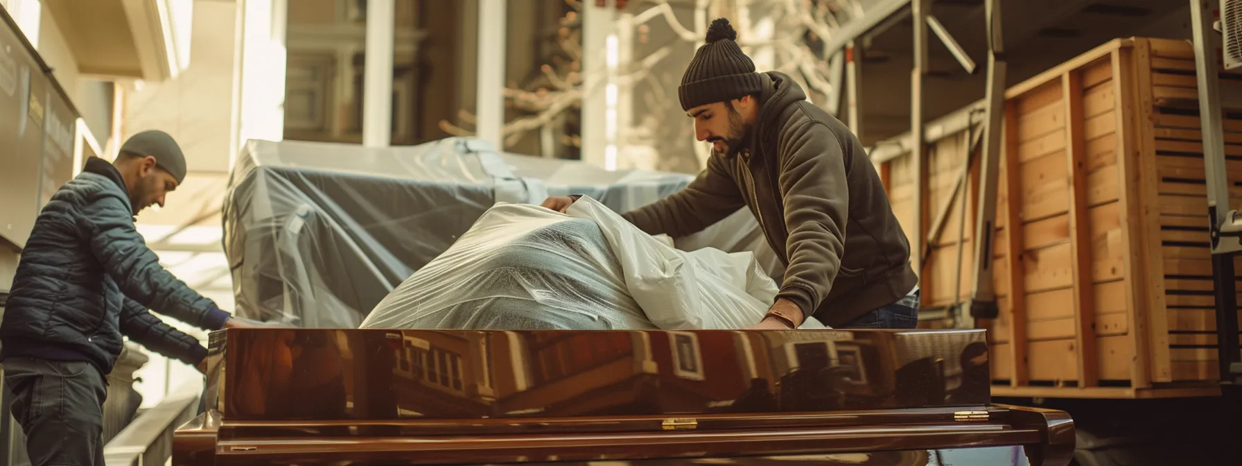 A Professional Moving Crew Carefully Wrapping A Grand Piano In Protective Blankets And Securing It In A Moving Truck, Showcasing Meticulous Attention To Detail And Expertise In Handling Special Items.