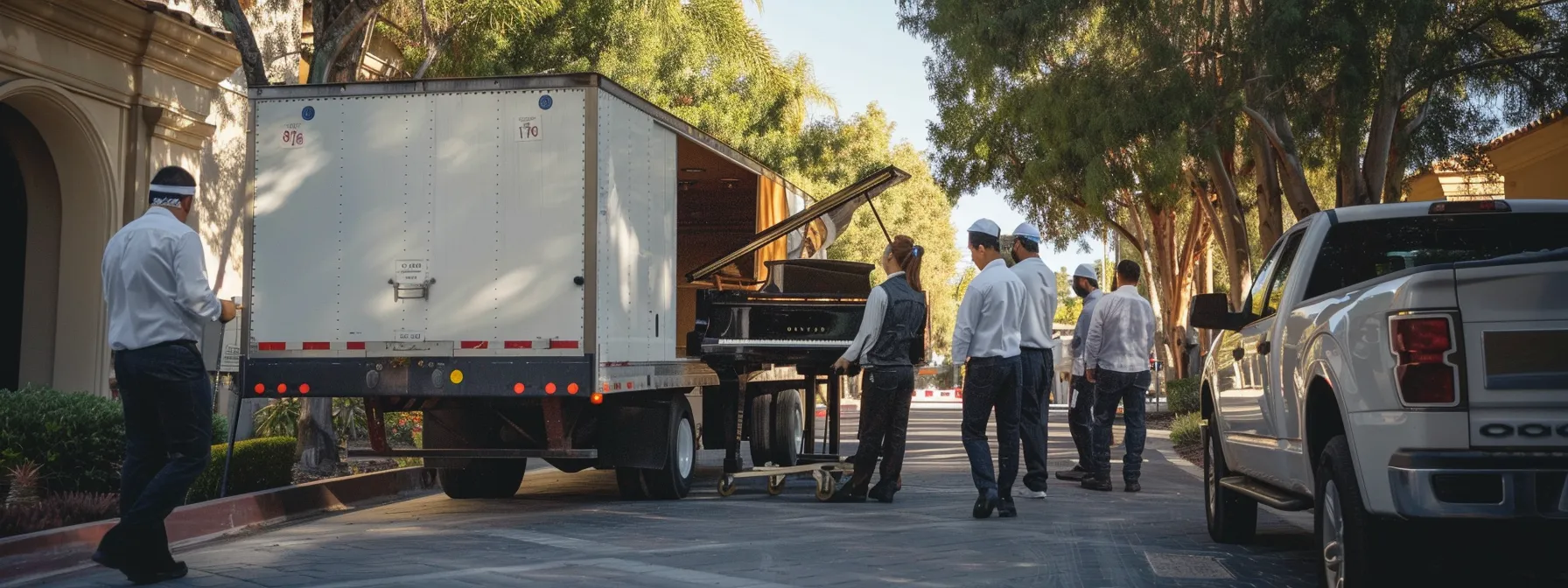 A Professional Moving Crew Carefully Loading A Grand Piano Into A Moving Truck In Irvine, Ca.