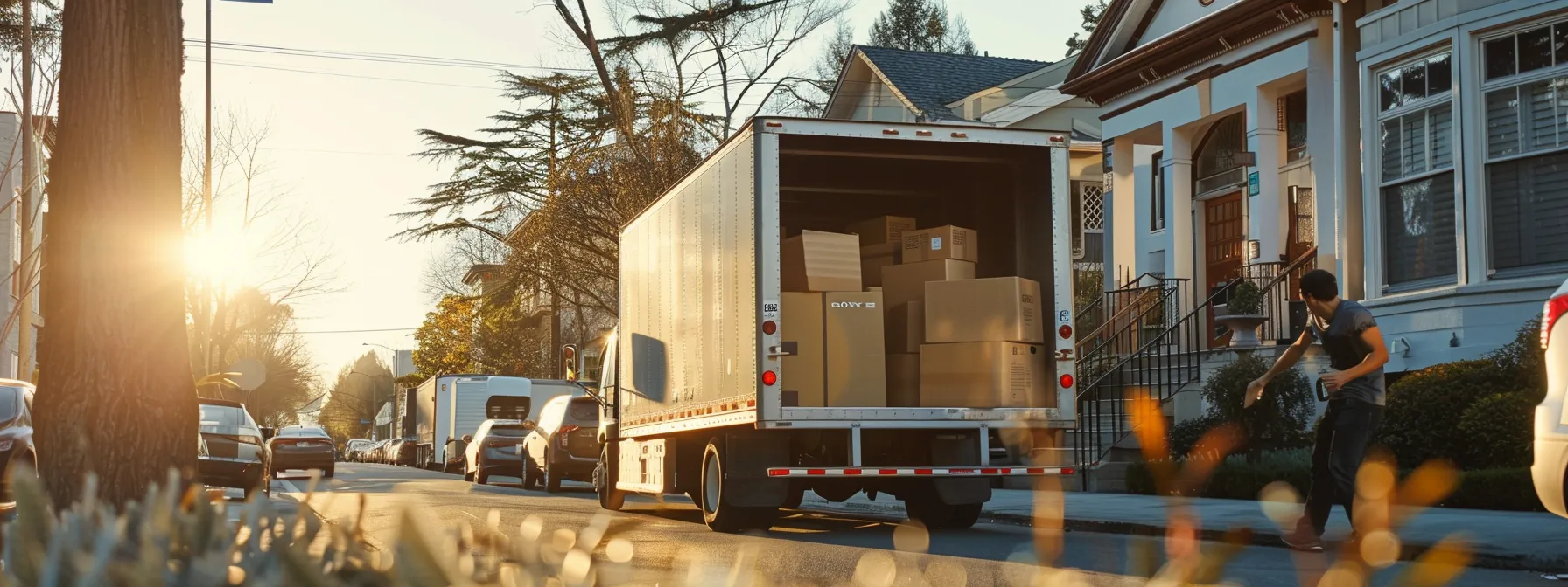 A Professional Moving Crew Carefully Loading Boxes Into A Branded Moving Truck In A Sunny Residential Neighborhood.