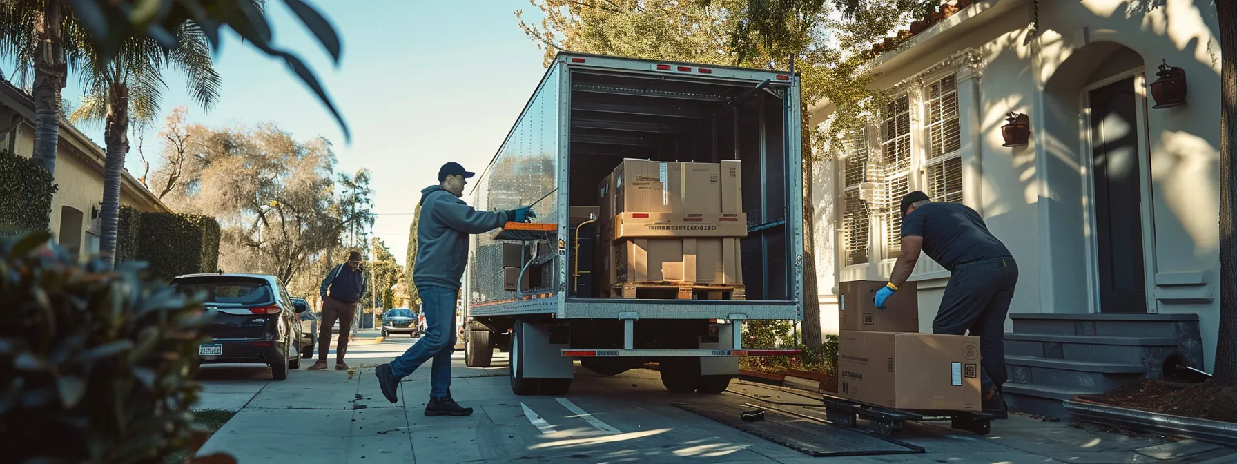 A Professional Moving Crew Carefully Loading Furniture Onto A Moving Truck In Los Angeles, Showcasing Efficient Logistics And Organization.