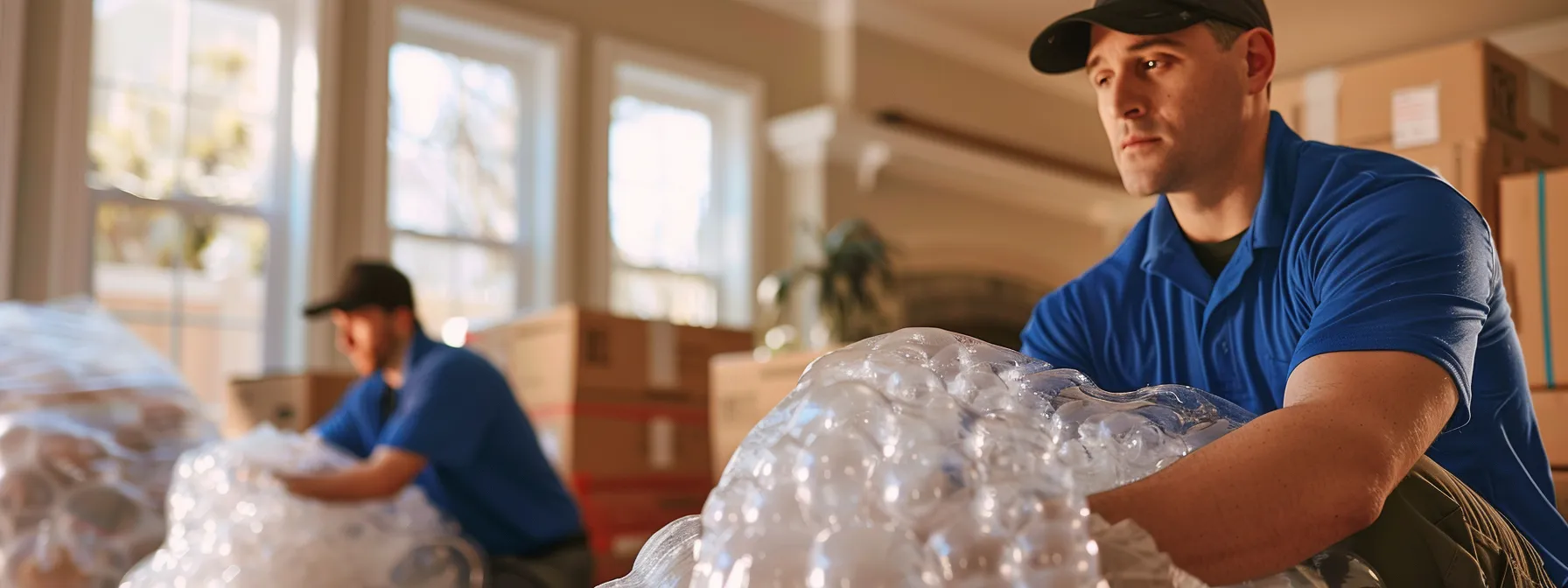 A Professional Moving Crew Carefully Wrapping Fragile Items In Bubble Wrap, Preparing For A Residential Move In Orange County.