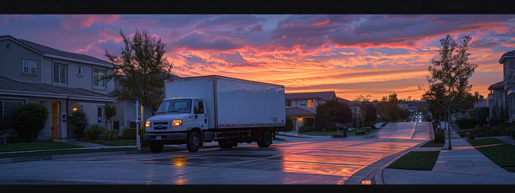 A Professional Moving Truck Parked In Front Of A Sunset-Lit Irvine Home, Ready To Transport Belongings Across The Country.