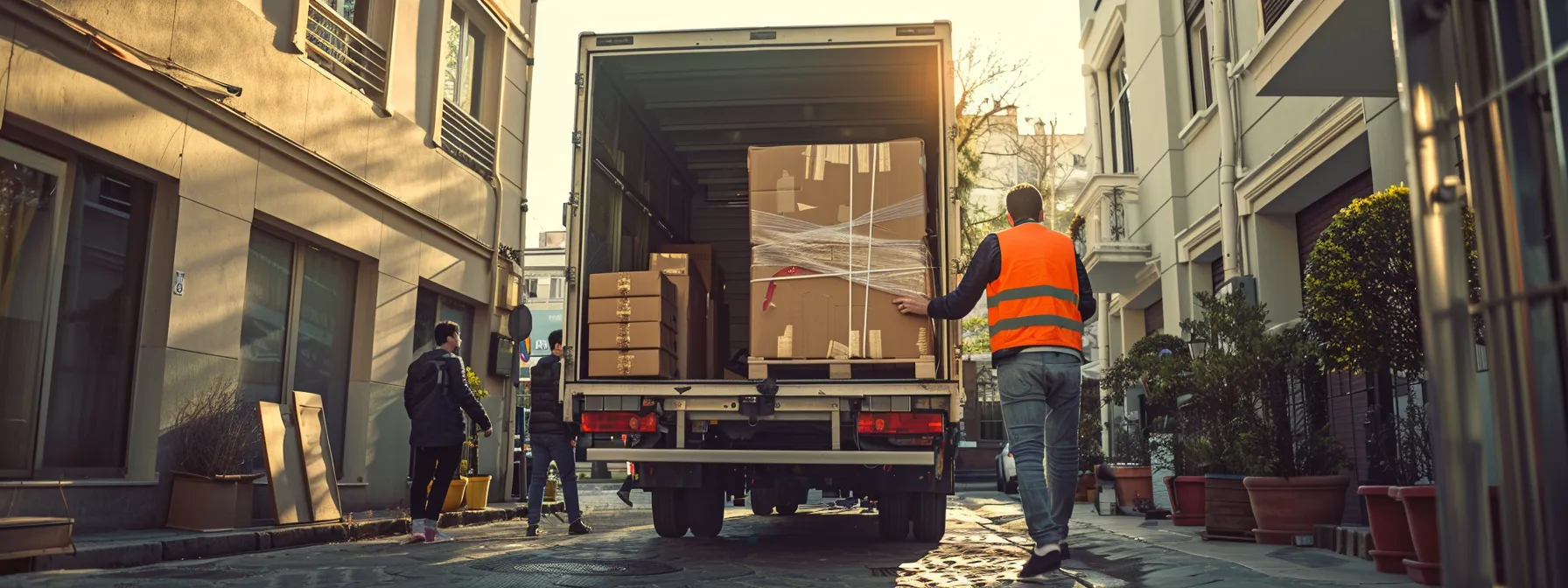 A Professional Team Efficiently Loading A Moving Truck With Modern Equipment In A Well-Organized And Safe Manner.