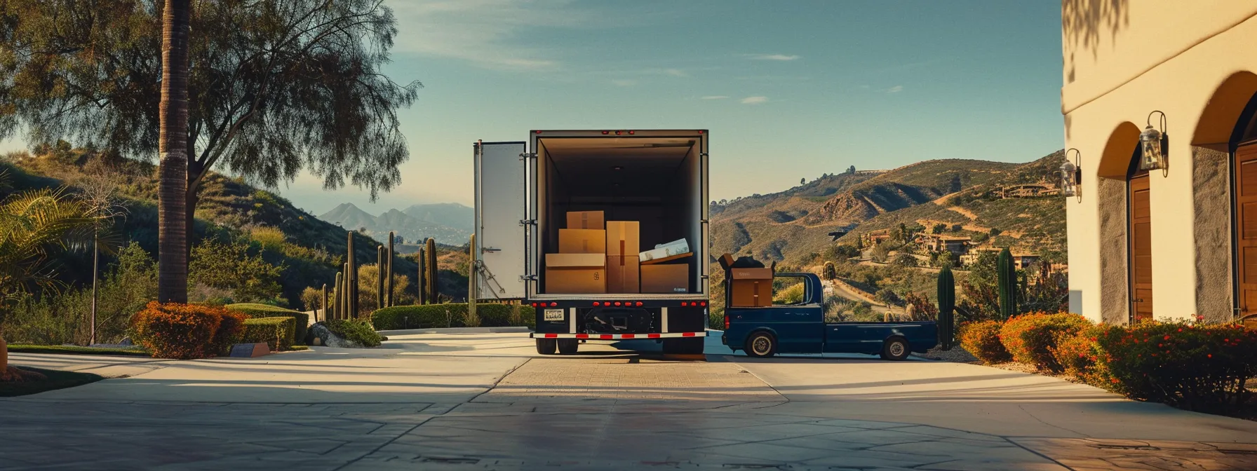 A Reliable Moving Team Carefully Stacking Furniture Into A Moving Truck In Front Of A Picturesque View Of The San Gabriel Valley, Ensuring A Stress-Free Relocation Experience.