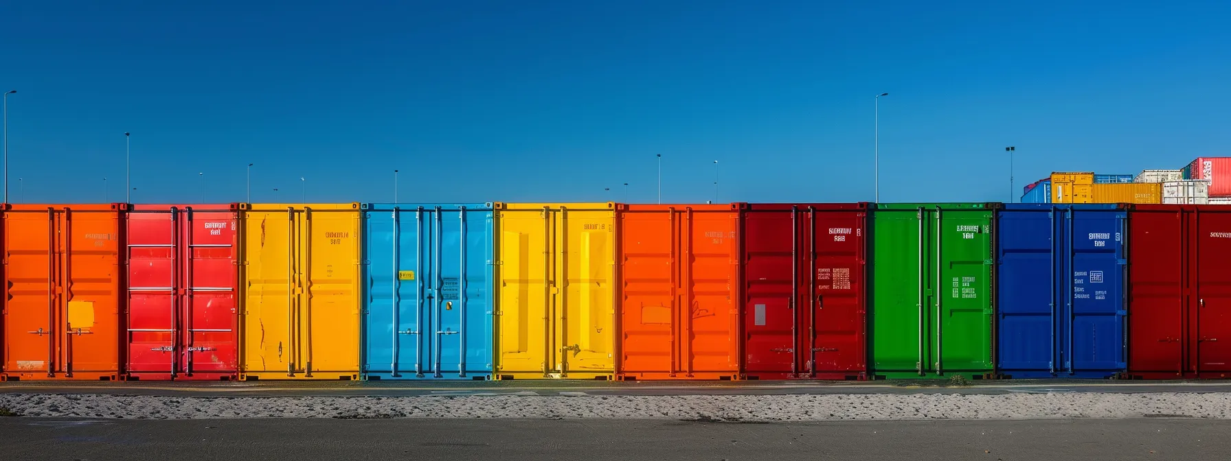 A Row Of Brightly Colored Portable Storage Containers Lined Up Neatly Under The Sun In Irvine, Ca.