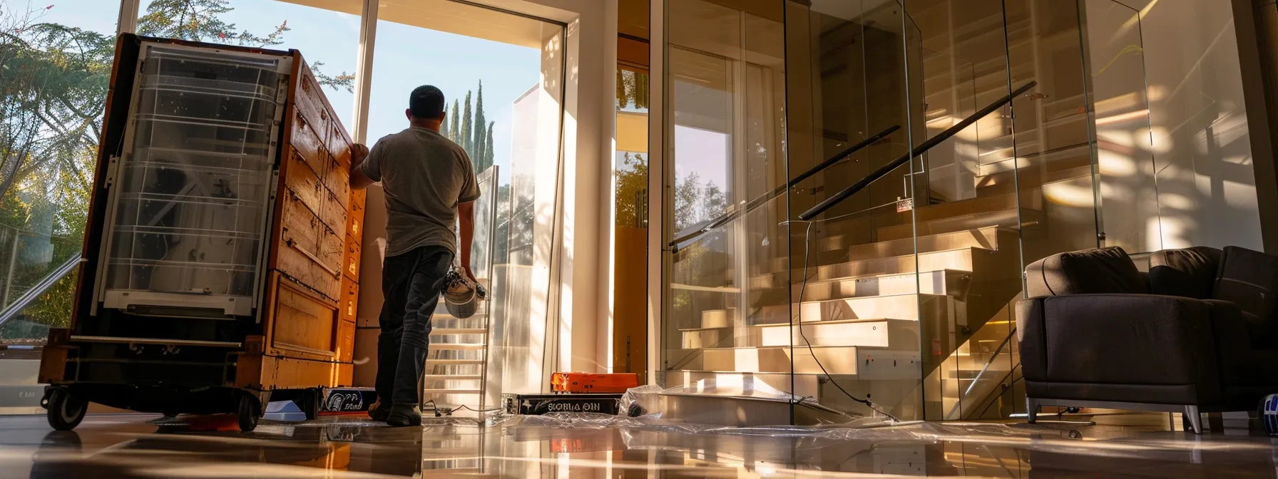 A Same-Day Mover Carefully Transporting A Delicate Glass Cabinet Down A Flight Of Stairs In Los Angeles.