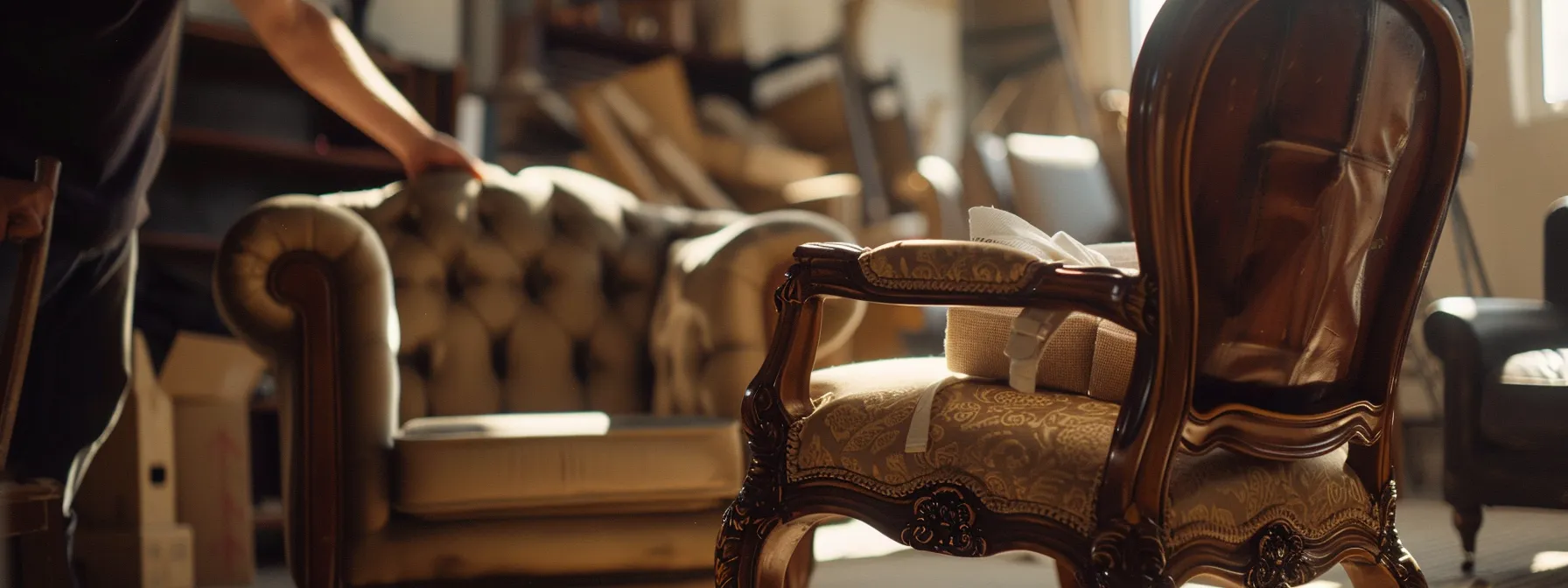 A Skilled Mover Carefully Wrapping A Delicate Antique Luxury Chair In Protective Padding.