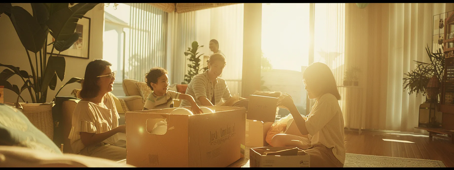 A Smiling Family Unpacking Boxes In Their New Los Angeles Home, Surrounded By Professional Movers From Move Central, Reflecting A Seamless And Stress-Free Moving Experience.