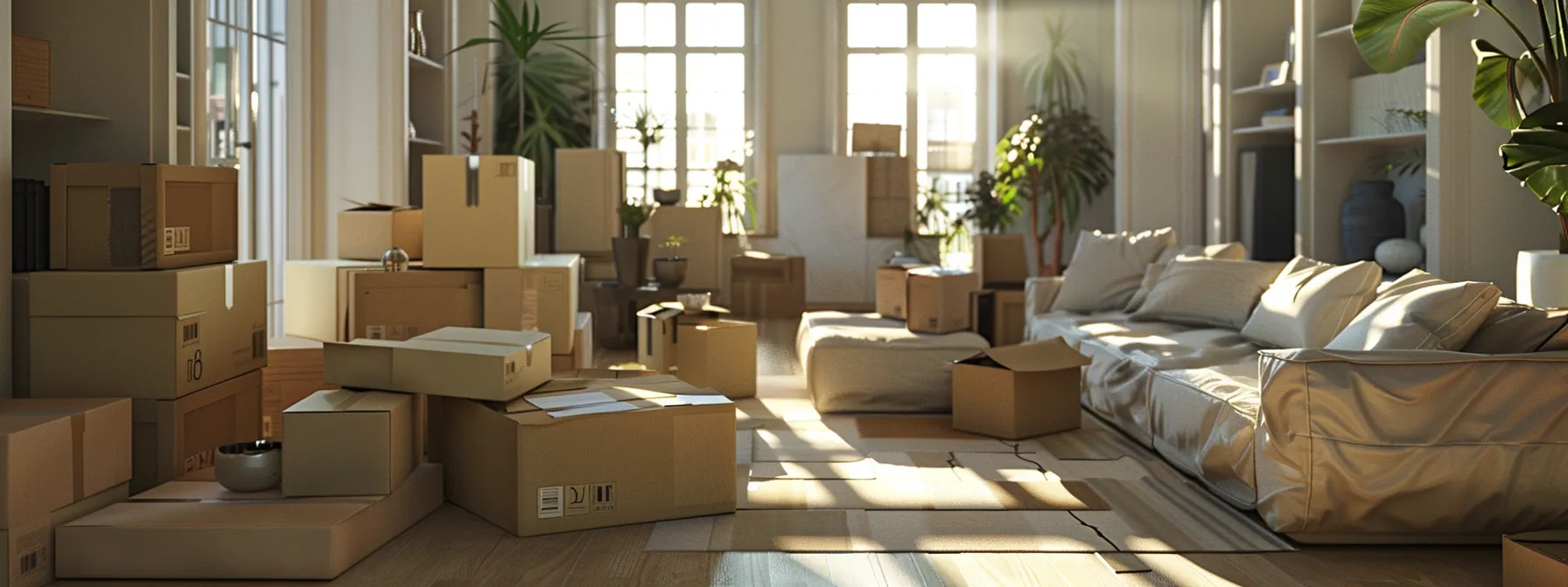 A Spacious Living Room With A Large, Disassembled Sofa Neatly Packed And Labeled Boxes Ready For A Smooth Move In La.