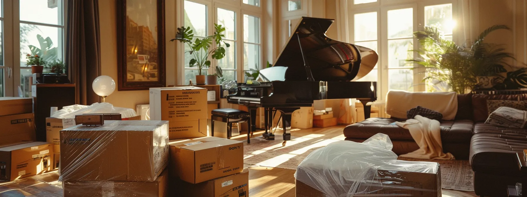 A Spacious Living Room Filled With Carefully Packed Moving Boxes, A Grand Piano Being Delicately Wrapped In Protective Padding, And A Bright Calendar Marked With Moving Dates And Deadlines.