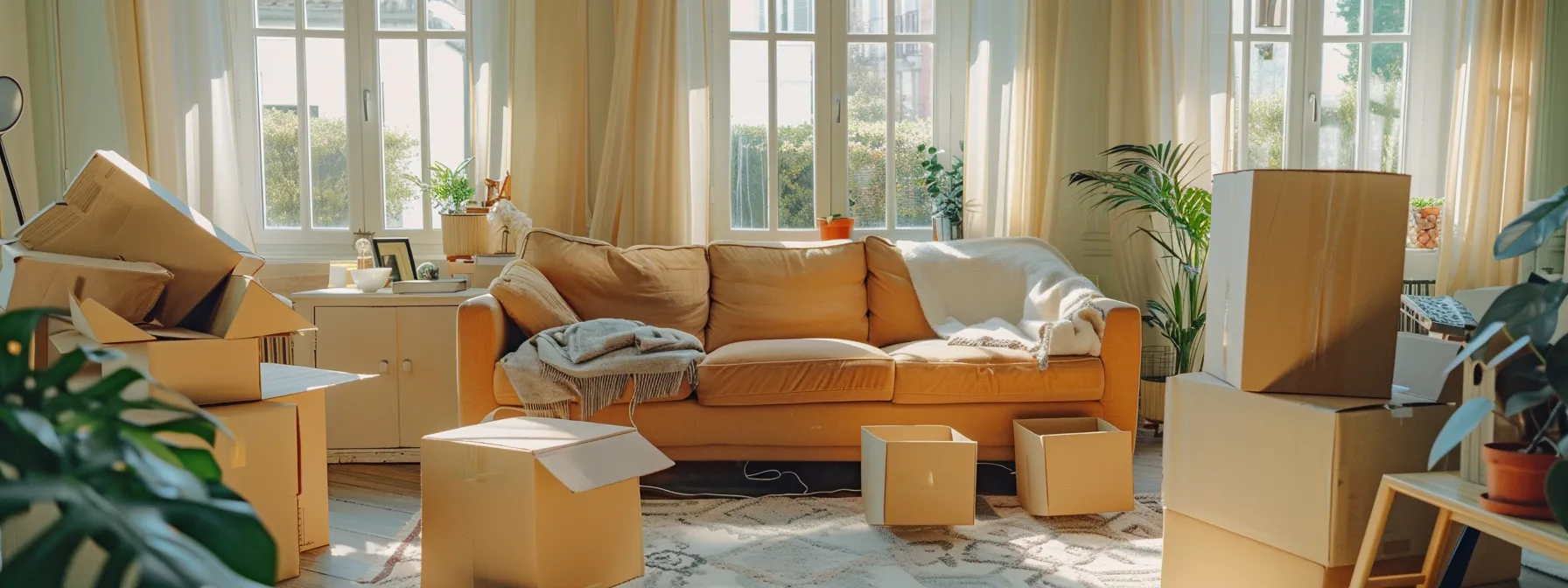 A Spacious Living Room Filled With Neatly Arranged Furniture And Open Moving Boxes, Showcasing The Efficiency Of La Movers' Unpacking Services.