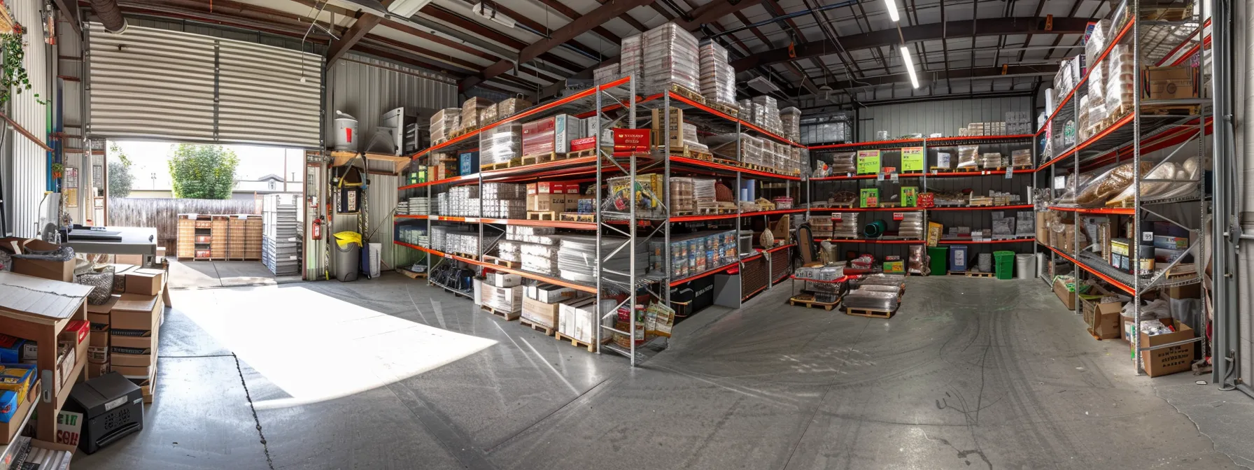 A Spacious Storage Unit In Orange County With Climate-Controlled Shelves Holding Various Household Items And Office Supplies.