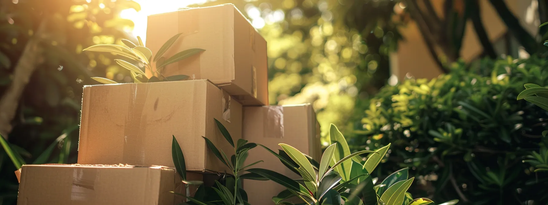 A Stack Of Neatly Packed, Eco-Friendly Moving Boxes Surrounded By Lush Greenery Under The California Sun.