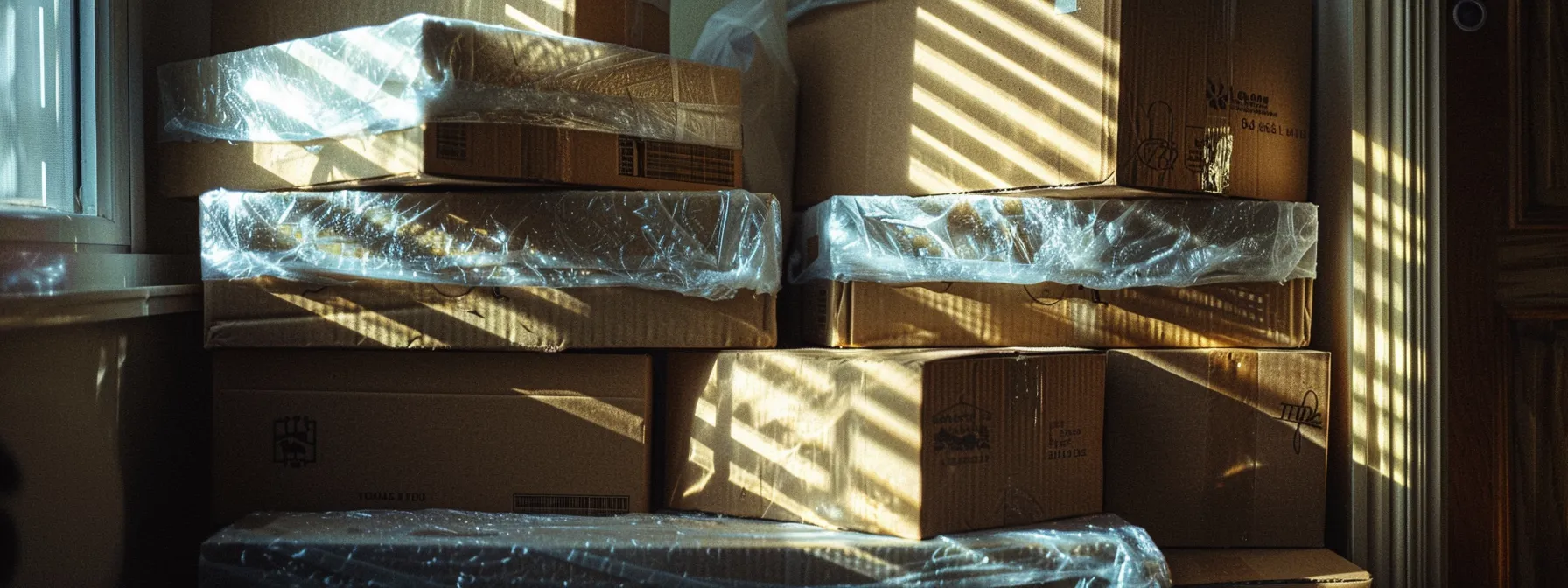 A Stack Of Sturdy Cardboard Boxes Protected With Bubble Wrap And Packing Tape, Ready To Be Moved To A New Home.