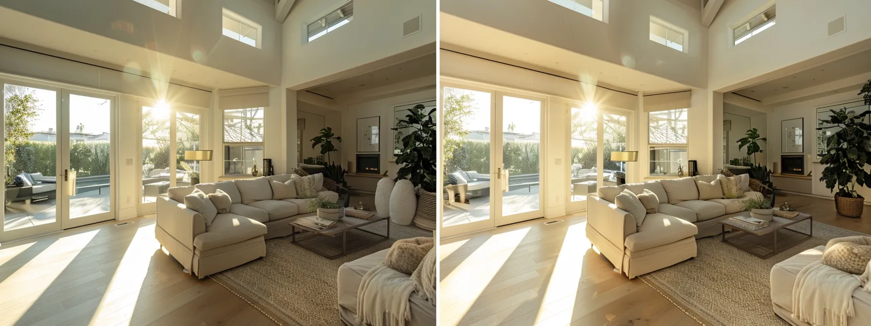 A Sunlit Living Room In Los Angeles With A Sleek, Modern Open-Concept Layout Featuring Light Colors, Strategic Furniture Placement, And Mirrors That Enhance The Sense Of Space.