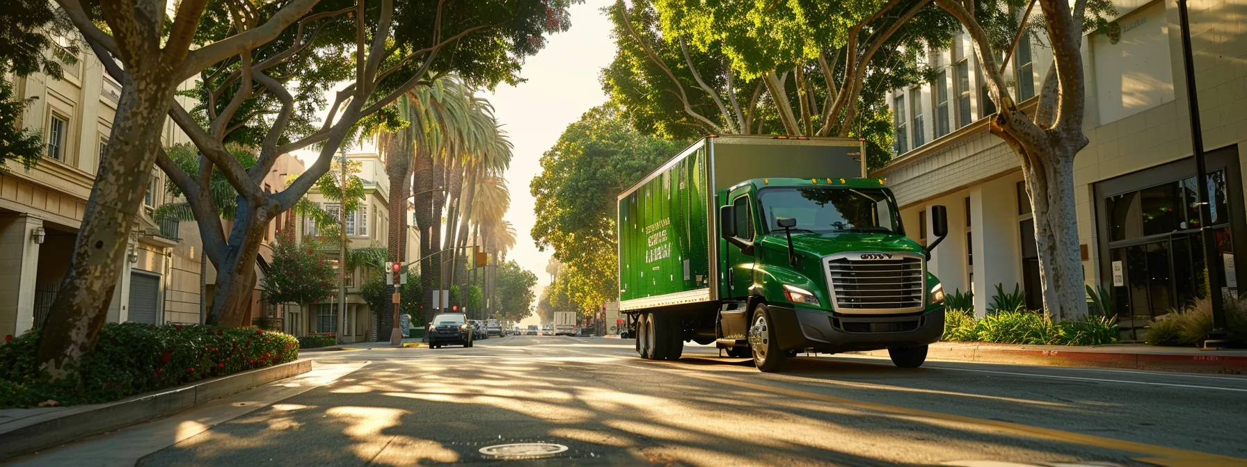 A Sustainable Moving Truck With Vibrant Green Branding Drives Through A Tree-Lined Street In Los Angeles, Showcasing Its Commitment To Eco-Friendly Practices.