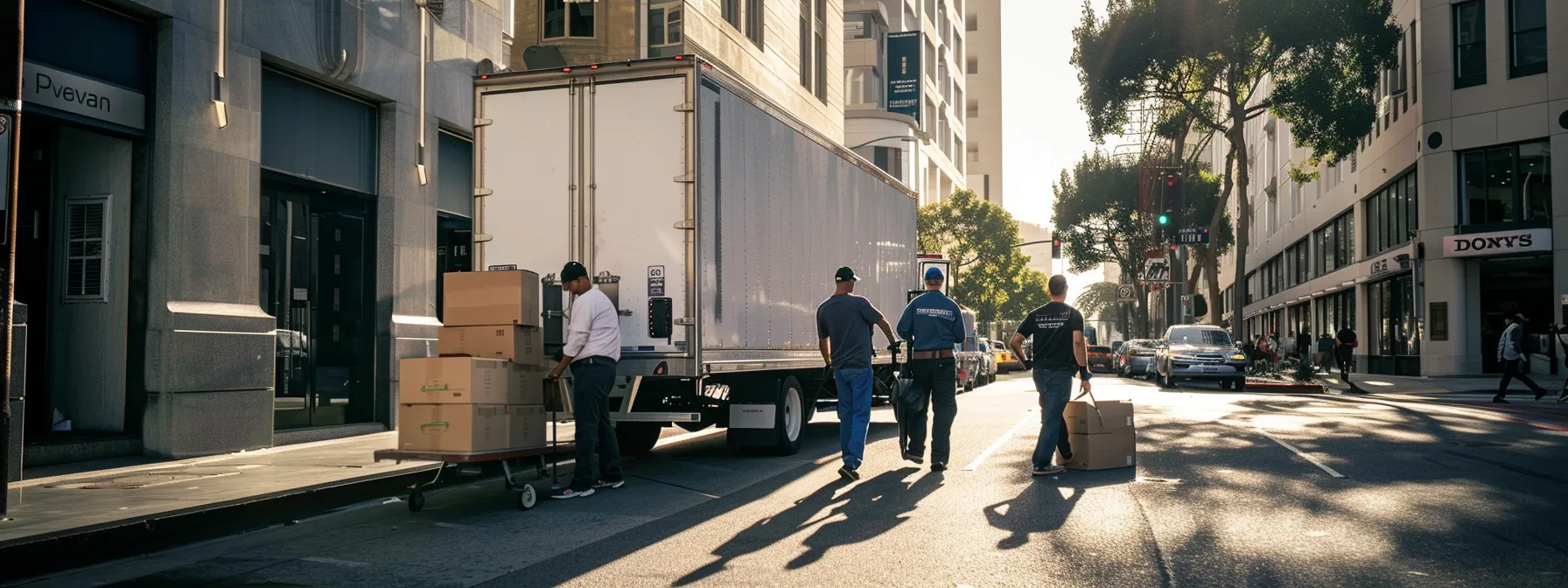 A Team Of Licensed And Certified Movers Carefully Loading Boxes Onto A Moving Truck In Downtown Los Angeles.