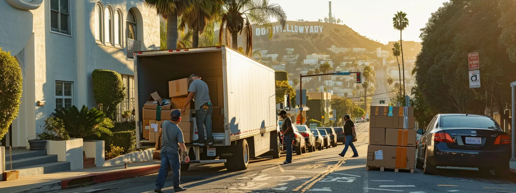 A Team Of Licensed And Certified Home Movers In Los Angeles Carefully Packing And Loading Furniture Into A Moving Truck, Ready To Navigate The Bustling Areas Near The Hollywood Sign.