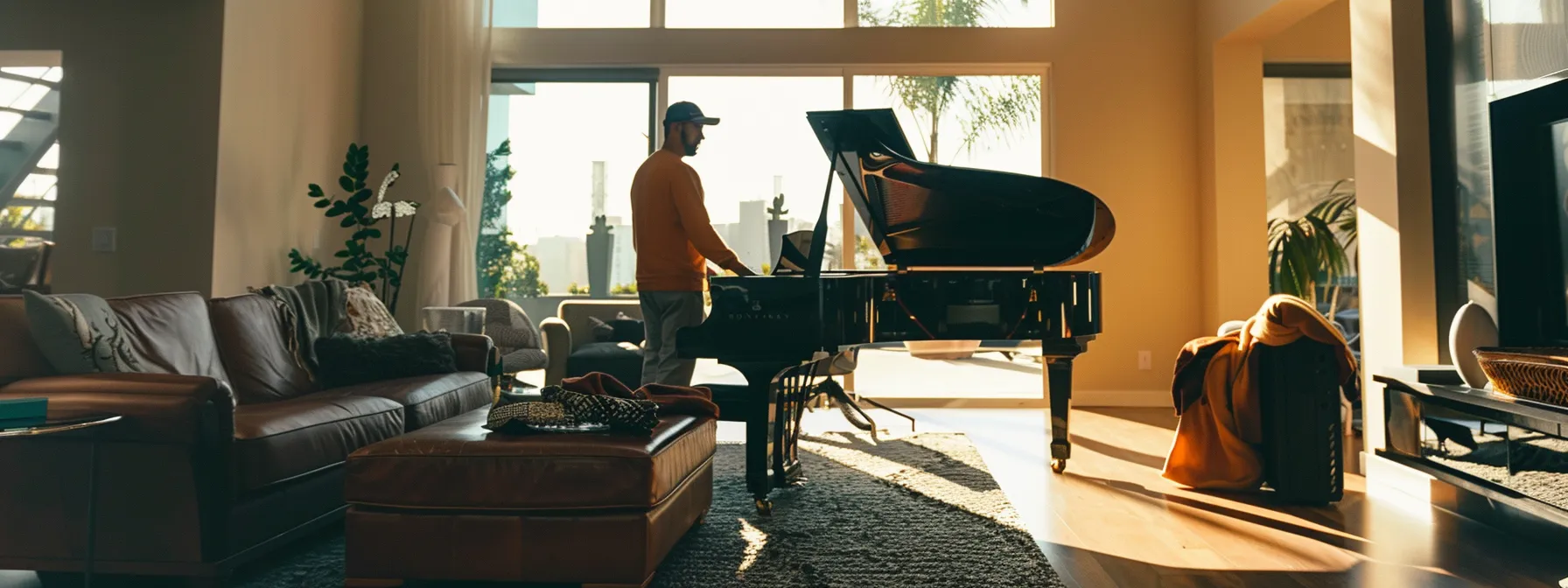 A Team Of Professional Movers Carefully Transporting A Grand Piano Through A Modern, Spacious Living Room In Los Angeles.