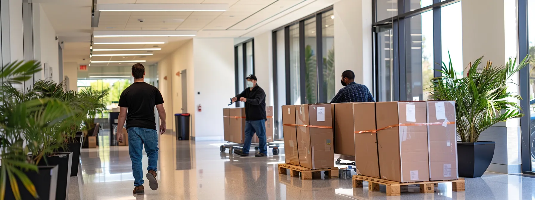 A Team Of Professional Business Movers In Orange County Carefully Transporting Office Equipment Through A Modern Office Space In Irvine, Ca.