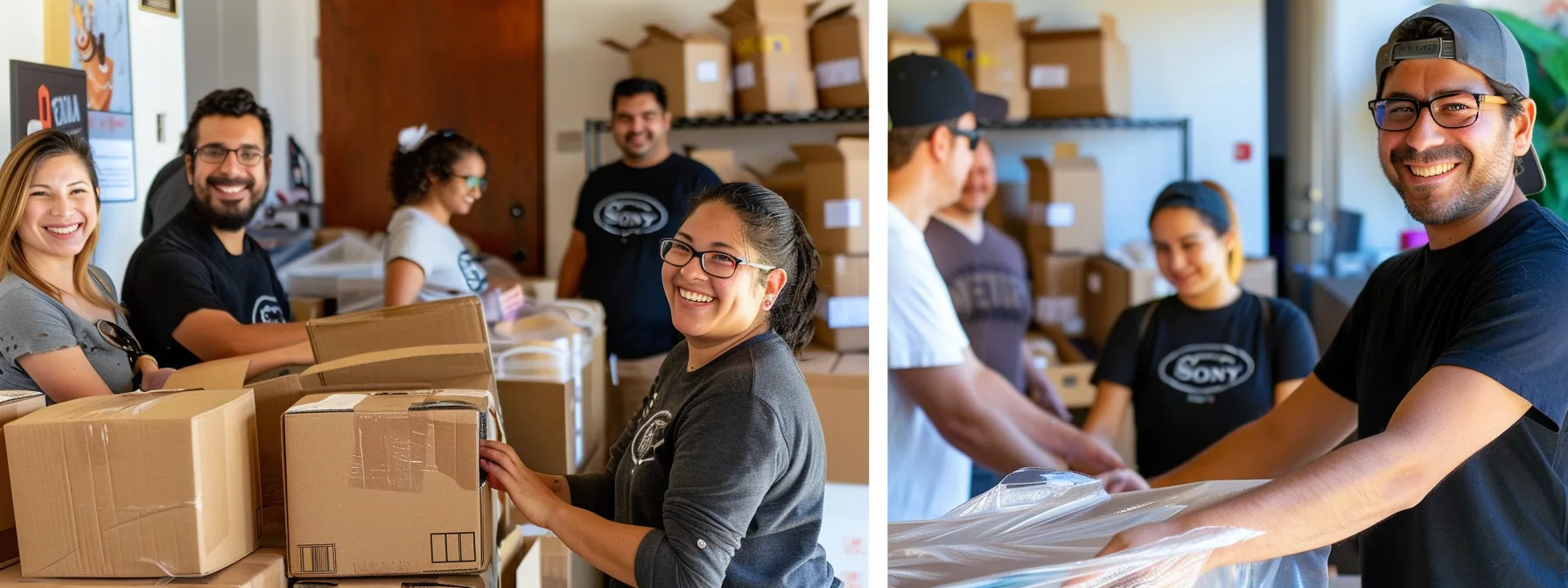 A Team Of Professional Movers From La Movers Carefully Packing Fragile Items Into Sturdy Boxes, Surrounded By Smiling Customers And A Stack Of Positive Testimonials.