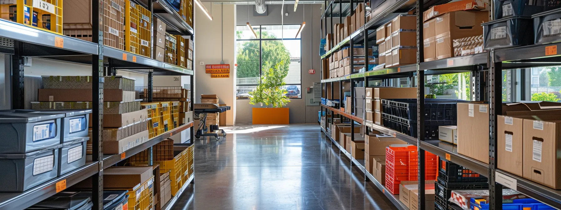 A Vibrant And Organized Storage Facility In Orange County, With Neatly Stacked Shelves Of Labeled Boxes, Ready To Accommodate Seasonal, Student, And Business Storage Needs.