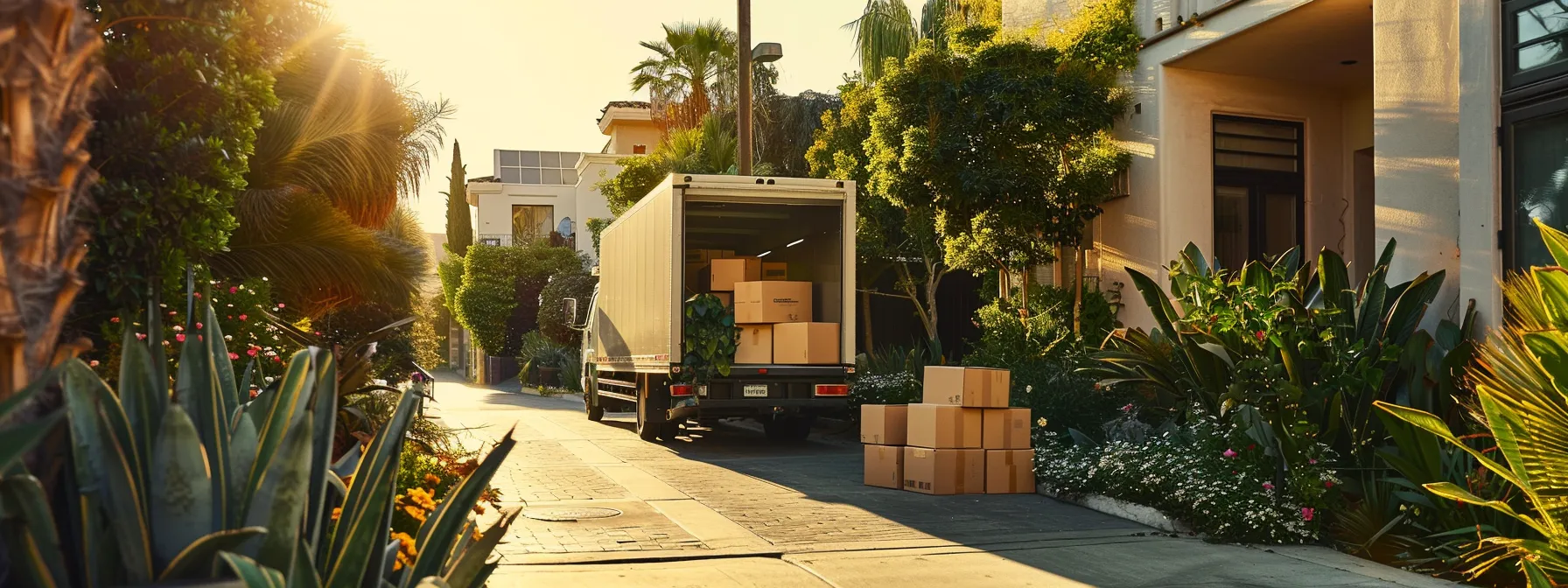 An Eco-Friendly Moving Company In La Carefully Loading Energy-Efficient Cardboard Boxes Onto A Hybrid Moving Truck, Surrounded By Lush Greenery And Solar Panels.