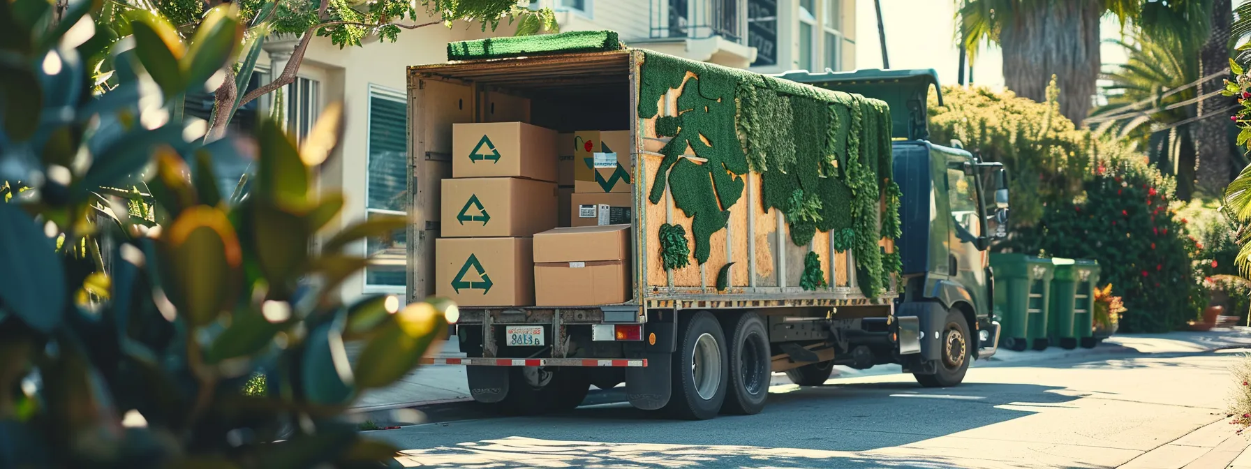 An Eco-Friendly Moving Service In Orange County Shows A Moving Truck Loaded With Reusable Boxes And Labeled With Environmental Certifications.