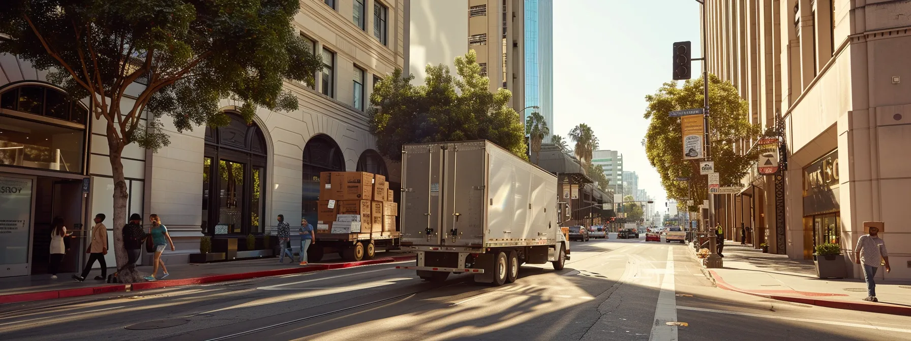 An Expert Moving Team Efficiently Transporting Office Furniture Through The Busy Streets Of Los Angeles, Showcasing Professionalism And Reliability.