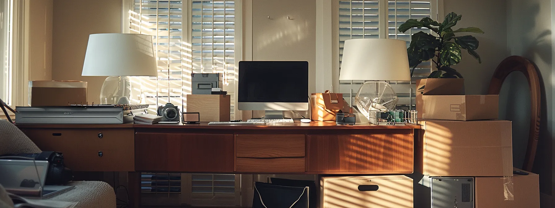 An Organized Home Moving Checklist Displayed On A Sleek, Modern Desk With A Laptop And Moving Boxes In The Background.