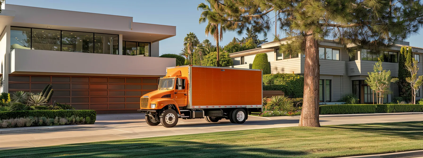 Bright Orange Moving Truck Parked In Front Of A Modern Irvine Home, Ready For Relocation Assistance Services.(Moving-Truck-Orange-County-Irvine-Home)