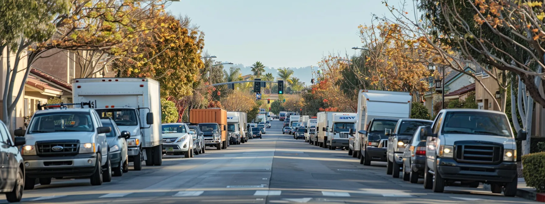 A Bustling Orange County Street Lined With Moving Trucks, Showcasing The Frantic Yet Organized Chaos Of Managing Last-Minute Logistics Under Time Constraints In Irvine, Ca (33.6846° N, 117.8265° W).