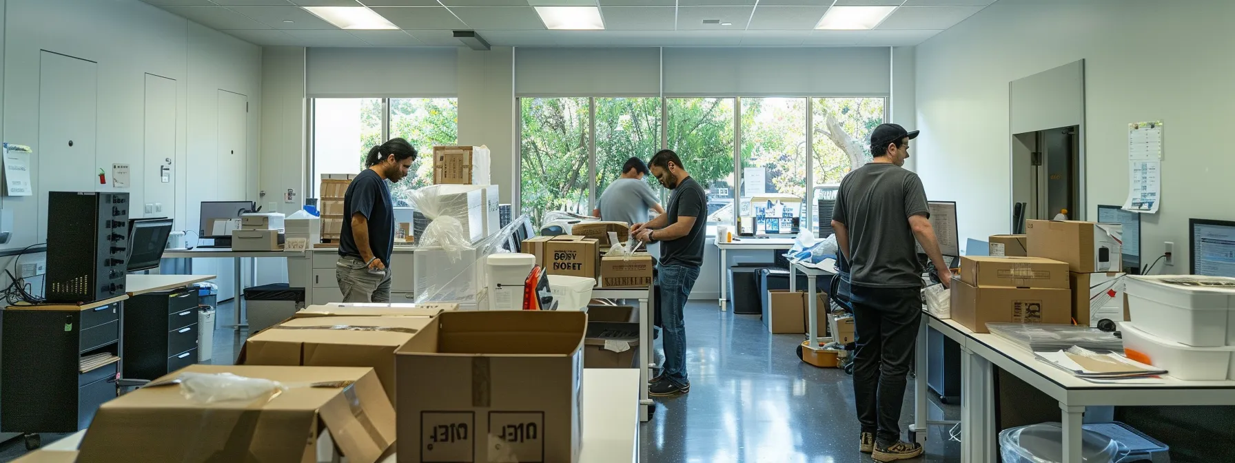 Busy Office Space With Employees Packing Boxes And Discussing Move Logistics, Preparing For A Smooth Transition In Irvine, Ca.