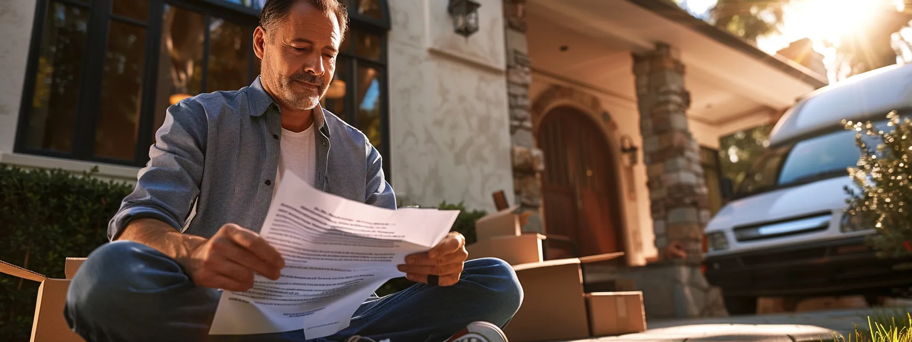 A Confident Homeowner Carefully Reviews A Detailed Moving Contract Under The Bright California Sunshine, Surrounded By Moving Boxes And A Moving Truck, Preparing For A Successful Relocation In Irvine, Ca (33.6839° N, 117.7947° W).