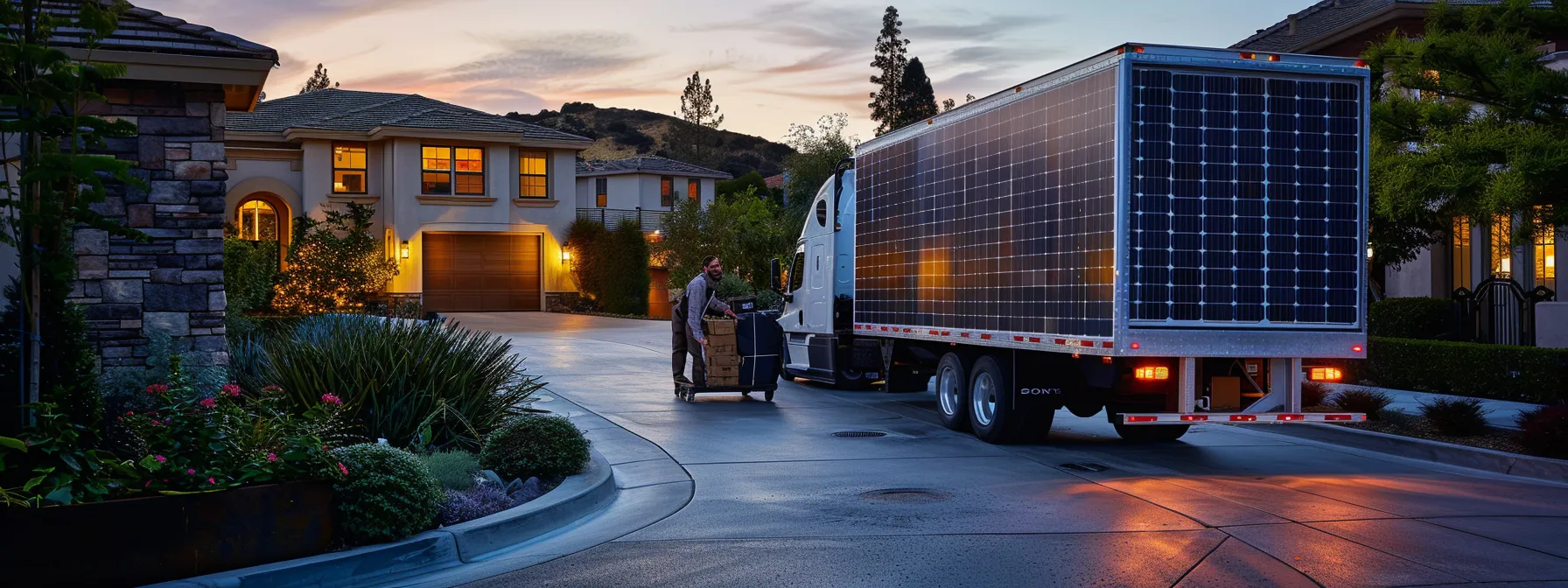 Eco-Conscious Movers Carefully Loading Solar-Powered Moving Truck With Zero-Emission Vehicle Labels In Los Angeles.