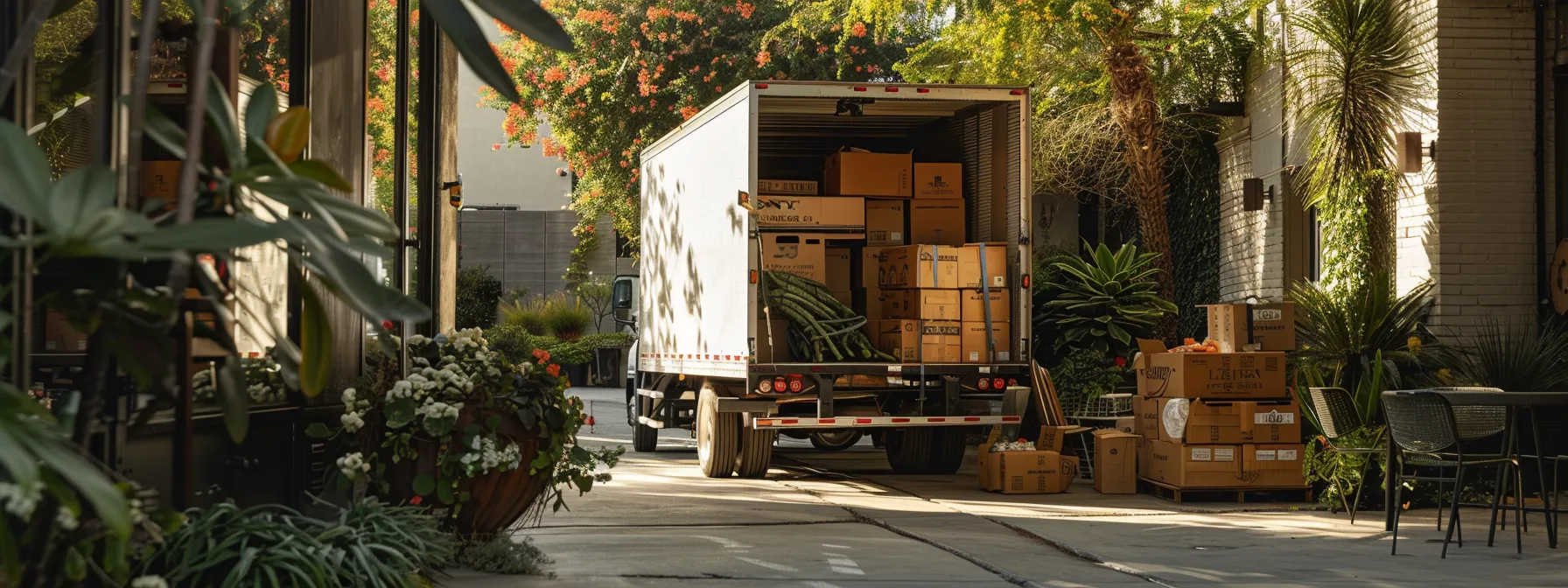 Eco-Friendly Movers Carefully Loading Solar-Powered Truck With Recyclable Packing Materials In Bustling Los Angeles.