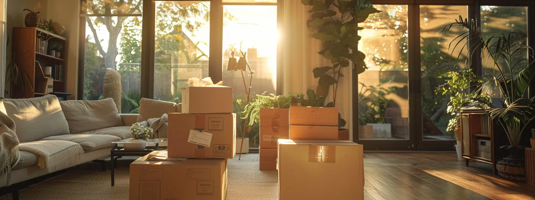 Eco-Friendly Movers In Los Angeles Packing Boxes With Recyclable Materials In A Modern, Sunlit Living Room.