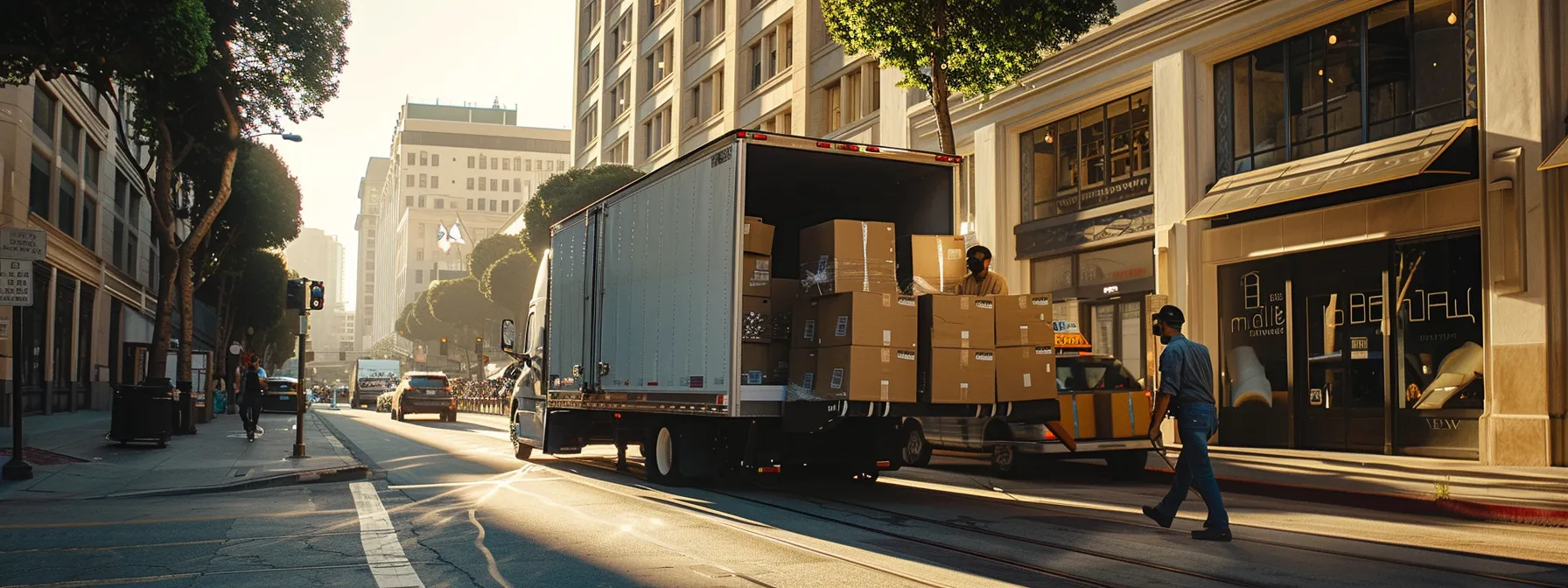 Efficient Same-Day Movers Swiftly Loading Items Into A Moving Truck In The Bustling Streets Of Los Angeles.