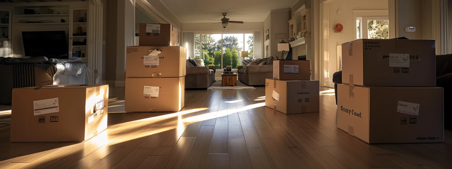 Efficiently Packed Moving Boxes Labeled For Easy Unpacking In A Spacious Living Room With Natural Light, Preparing For A Long-Distance Move To Orange County.