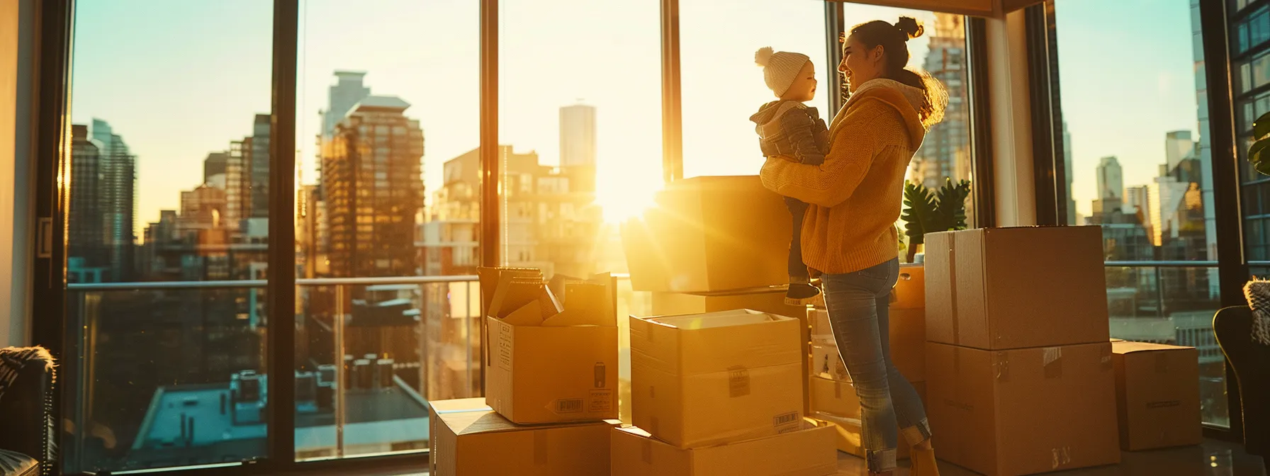 Families Packing Eco-Friendly Moving Boxes With Reusable Supplies Against A Backdrop Of A Bustling City Skyline.