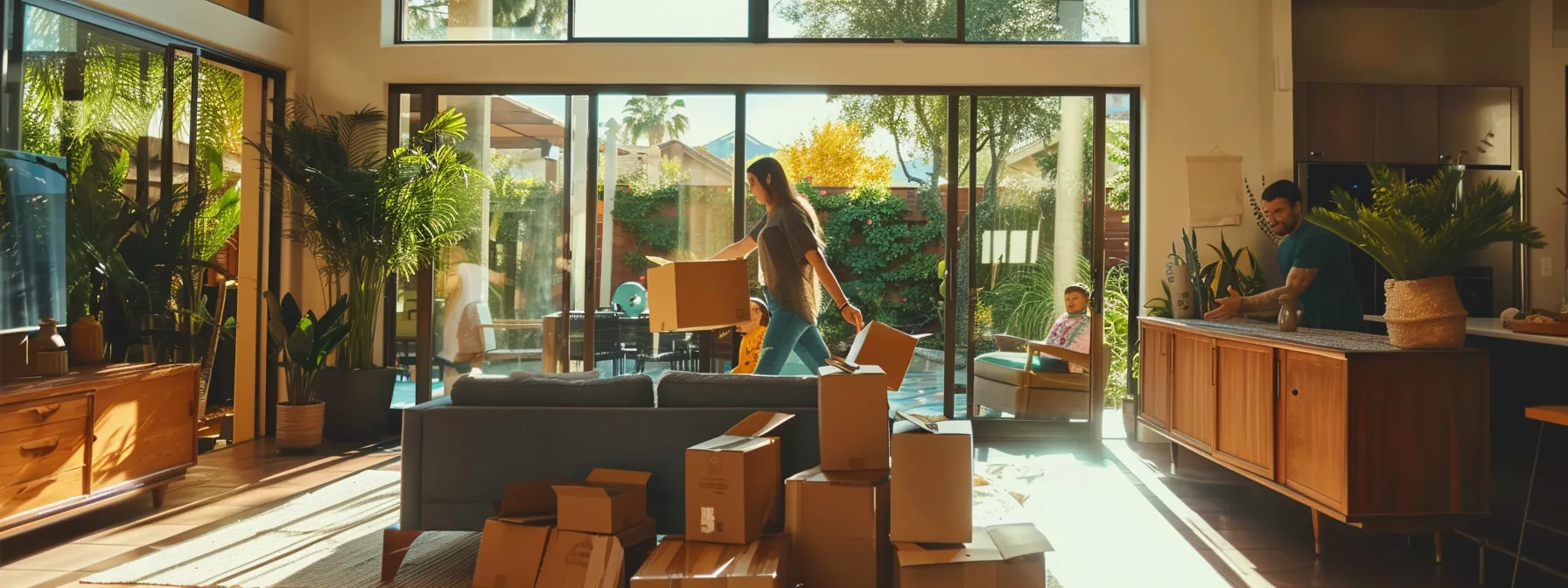 A Family Unpacking Boxes In Their Spacious And Bright Living Room, With Large Windows Overlooking A Lush Backyard In Irvine, Ca (33.6839° N, 117.8254° W).