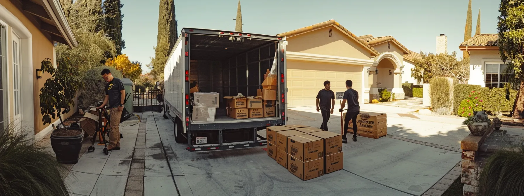 A Group Of Movers Carefully Loading Boxes Into A Truck, Showcasing Professionalism And Efficiency, In Irvine, Ca (33.6846° N, 117.8265° W). 