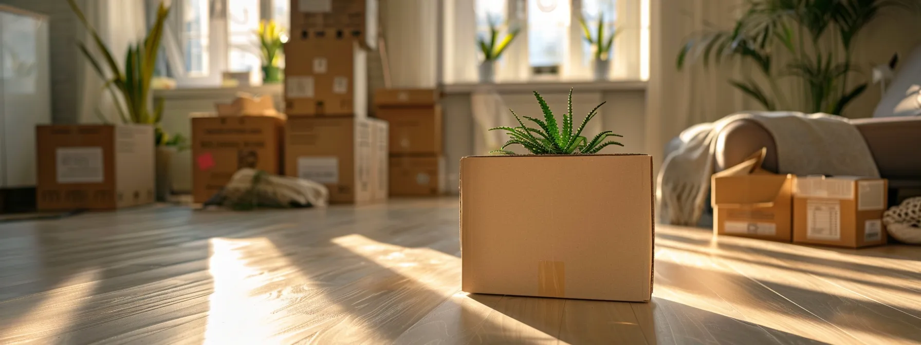 In A Cozy Room With Sunlight Streaming Through The Window, A Neatly Packed Essentials Box Sits On A Pristine Hardwood Floor, Surrounded By Labeled Moving Boxes Ready For A Smooth Unpacking Experience.