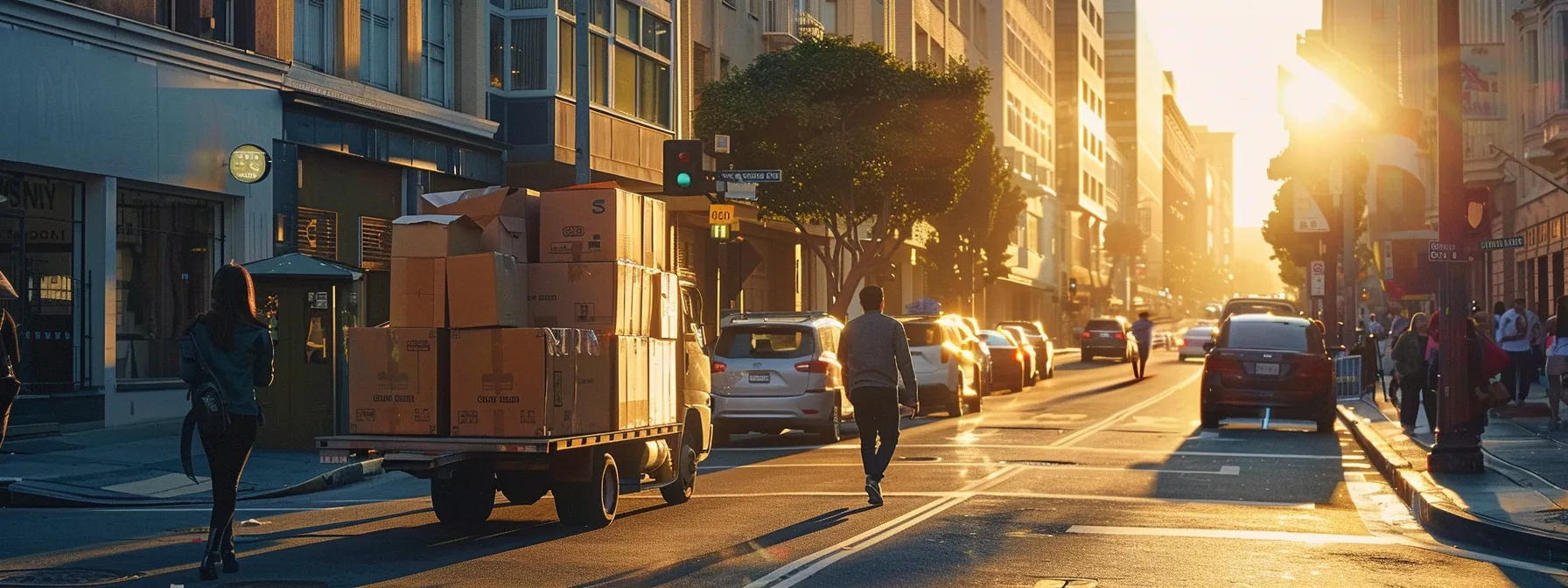 La Green Movers Team Transporting Eco-Friendly Moving Boxes Through A Bustling City Street.