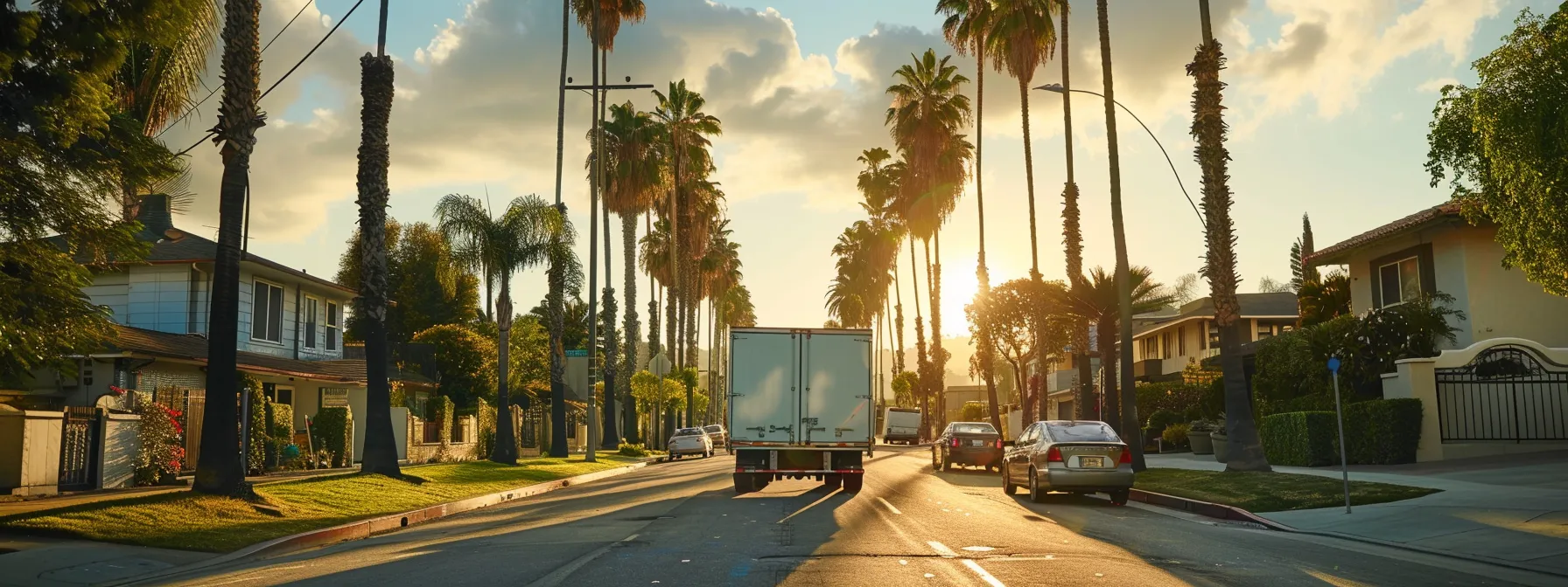 Local Home Movers In Los Angeles Carefully Navigating Winding Streets Lined With Palm Trees, Expertly Guiding A Moving Truck Through The Bustling Cityscape.