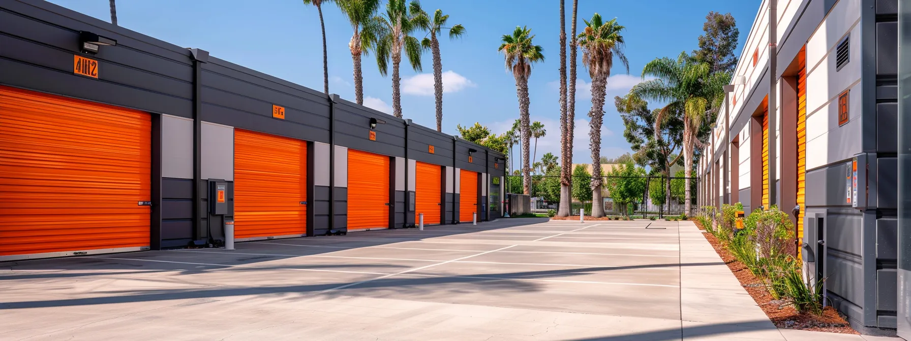 A Modern And Secure Short-Term Storage Facility In Orange County, With Bright Orange Doors And High-Tech Security Cameras, Set Against A Backdrop Of Palm Trees Under The Sunny Sky In Irvine, Ca (33.6846° N, 117.8265° W).