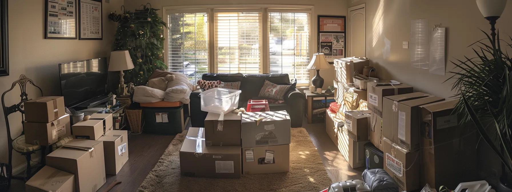 A Neatly Organized Living Room Filled With Labeled Boxes And Packing Supplies In Irvine, Ca (33.6846° N, 117.8265° W).