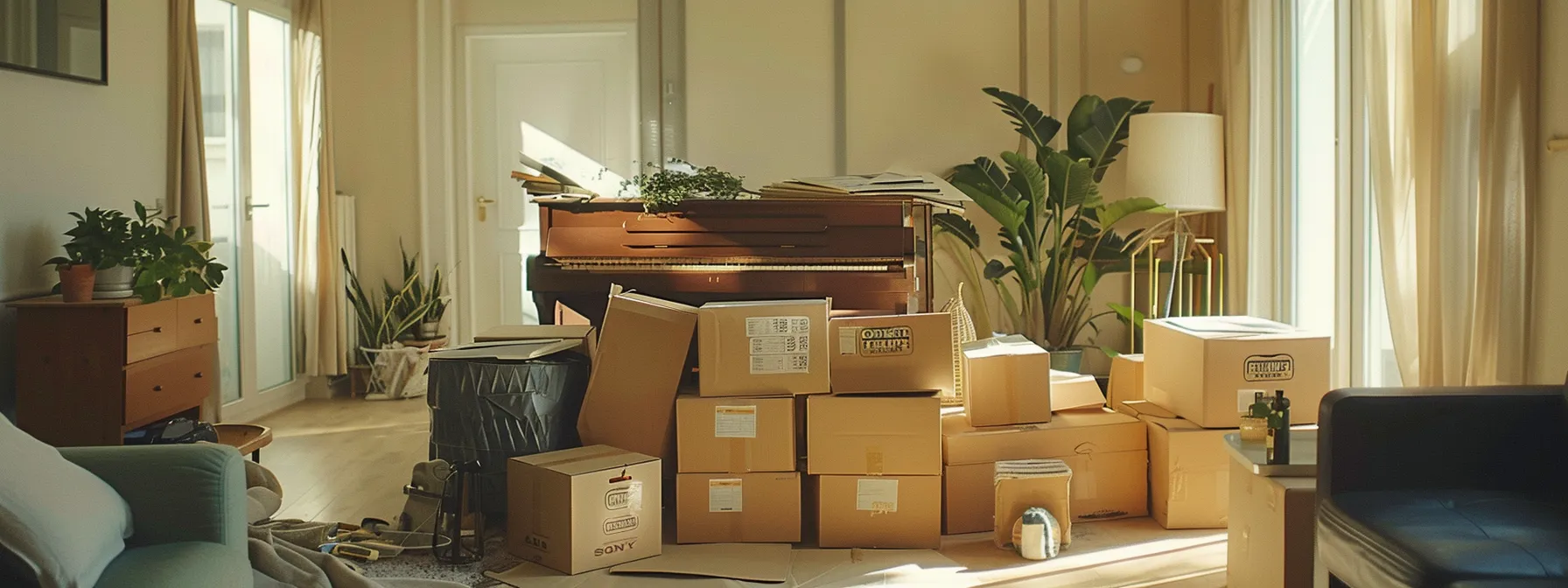 Professional Movers Carefully Packing A Delicate Piano In A Spacious Living Room, Surrounded By Moving Boxes Labeled With La Home Packers Logo, Ensuring A Stress-Free Relocation Experience.